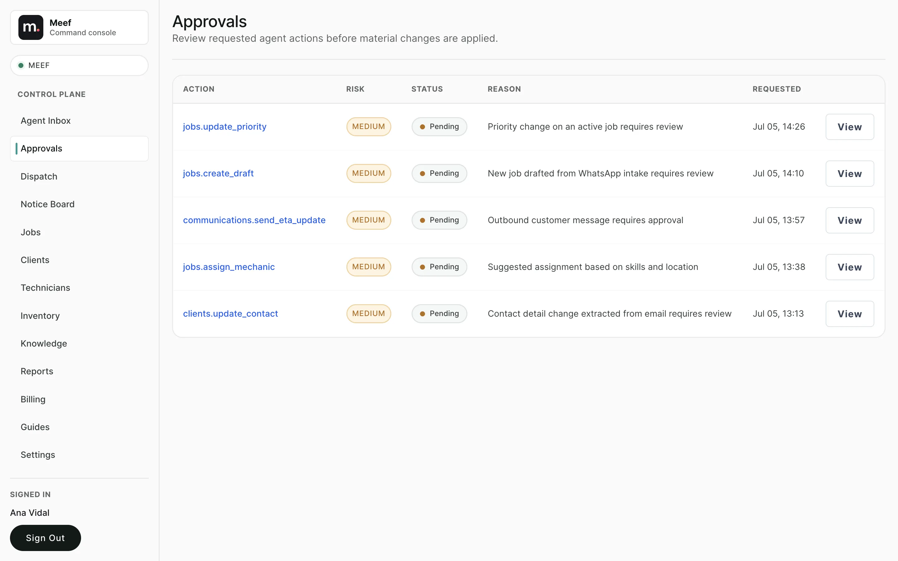 Meef approvals queue where material AI-suggested changes wait for human review
