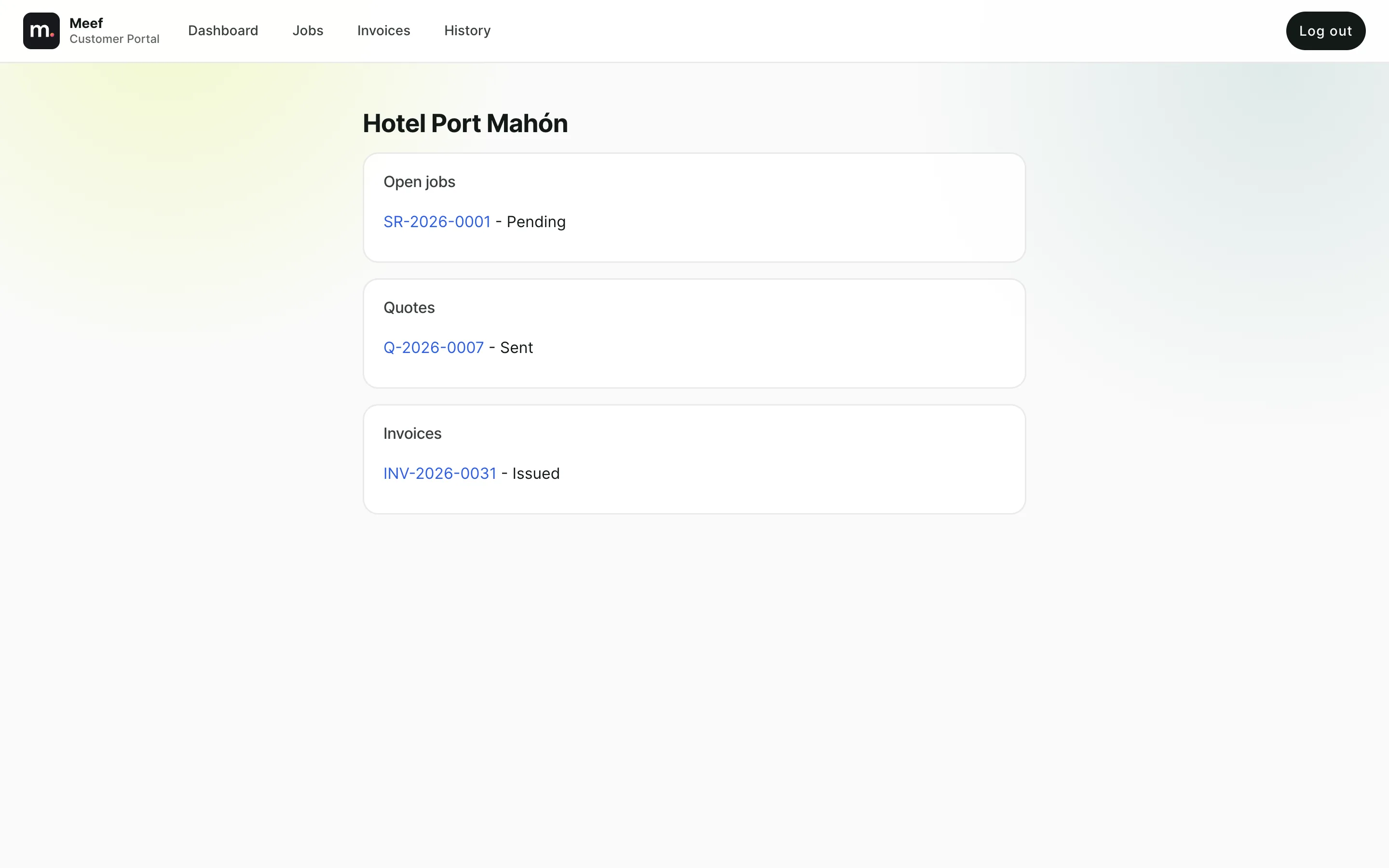 Meef customer portal showing jobs, quotes, invoices, and service status